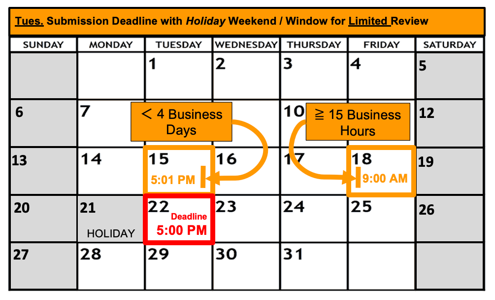 Deadline Calendar - Holiday - Tuesday - Limited Review